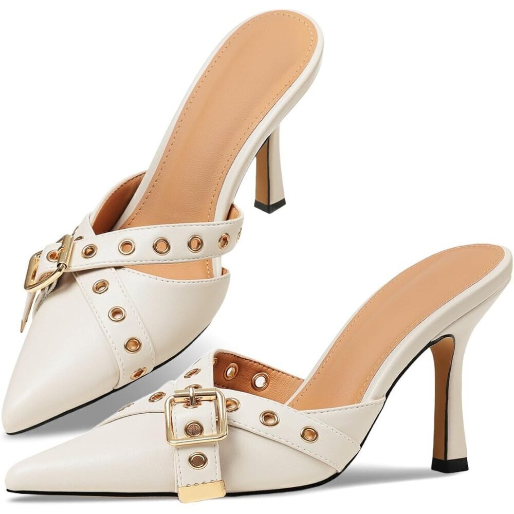 🆕Slingback Women's Off-White Kitten Heels  Closed Toe Low Pumps Polyuretharne